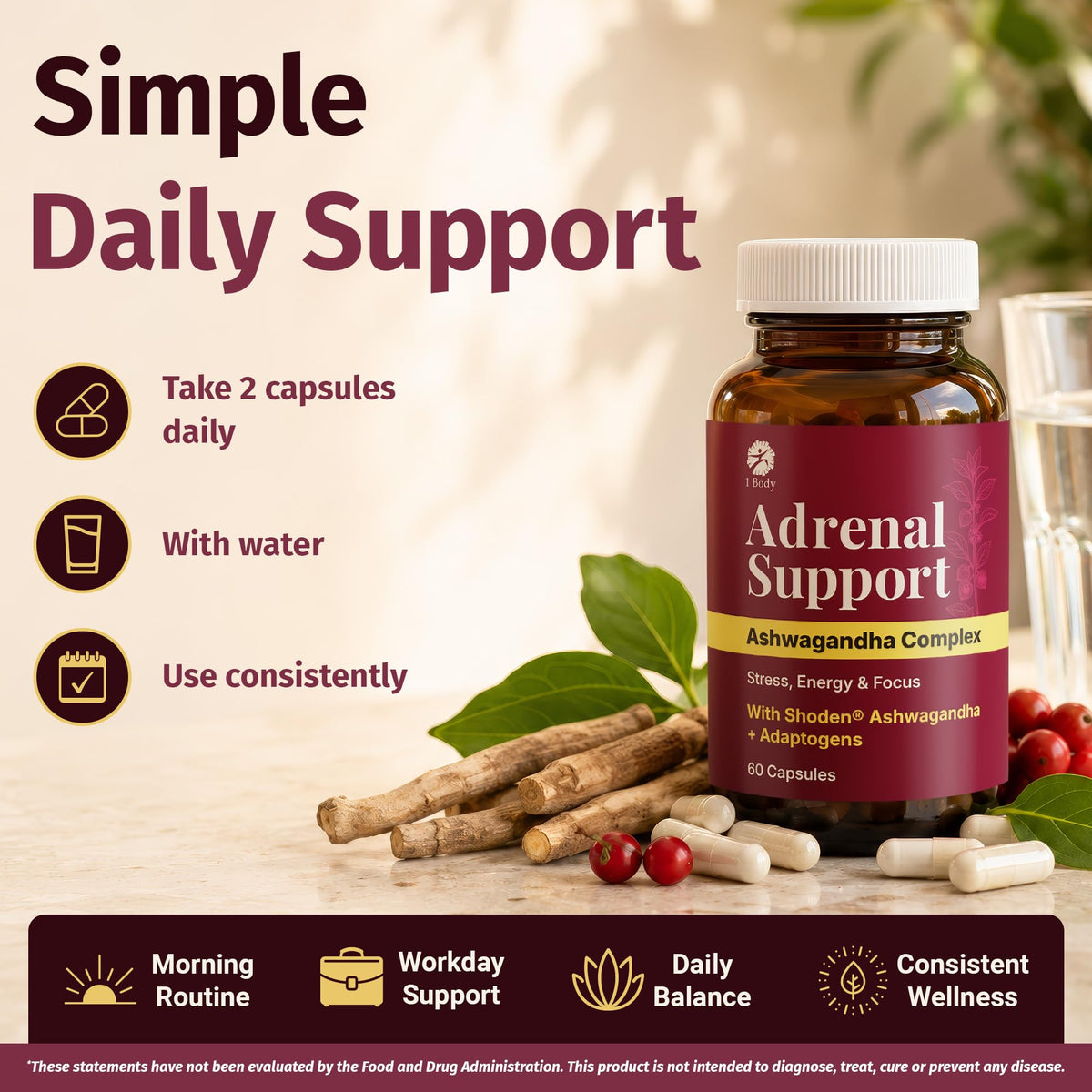 1 Body Adrenal Support Complex on a wooden table