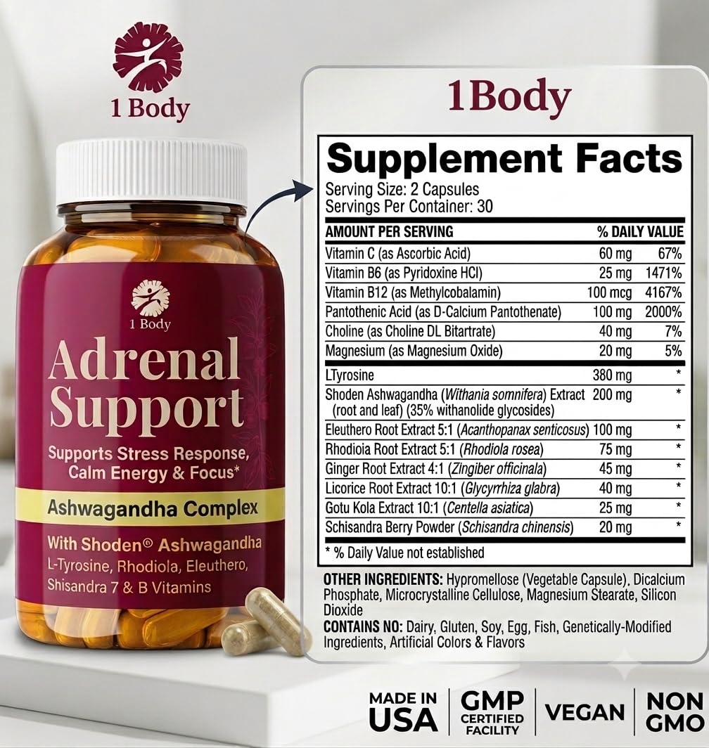 1 Body Adrenal Support Complex with a glass of water