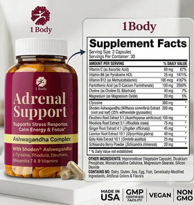 1 Body Adrenal Support Complex with a glass of water