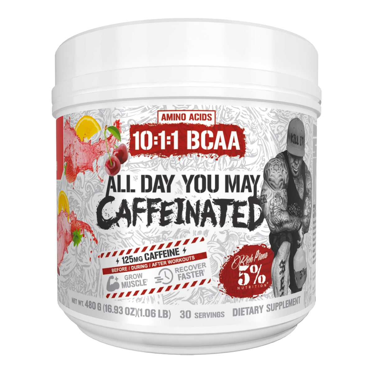 5% Nutrition AllDayYouMay Caffeinated BCAA Powder front view