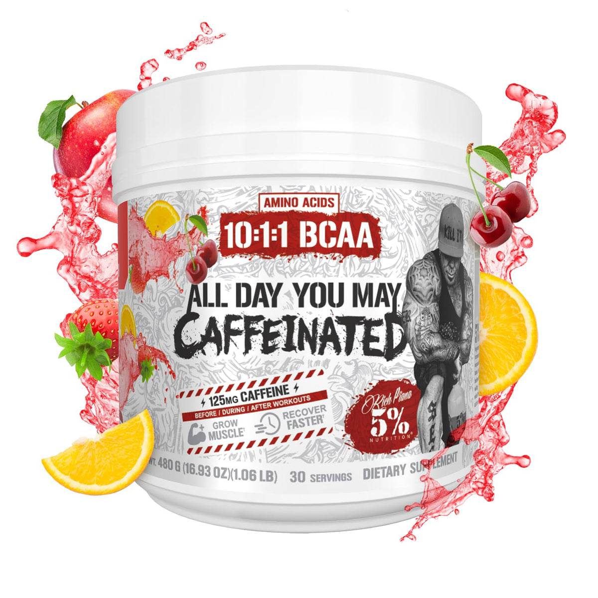 5% Nutrition AllDayYouMay Caffeinated BCAA Powder in a gym setting