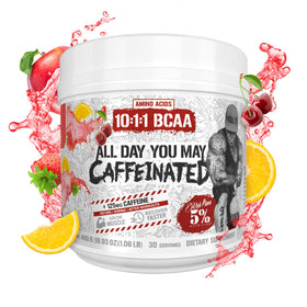 5% Nutrition AllDayYouMay Caffeinated BCAA Powder in a gym setting