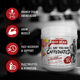 5% Nutrition AllDayYouMay Caffeinated BCAA Powder scoop and powder