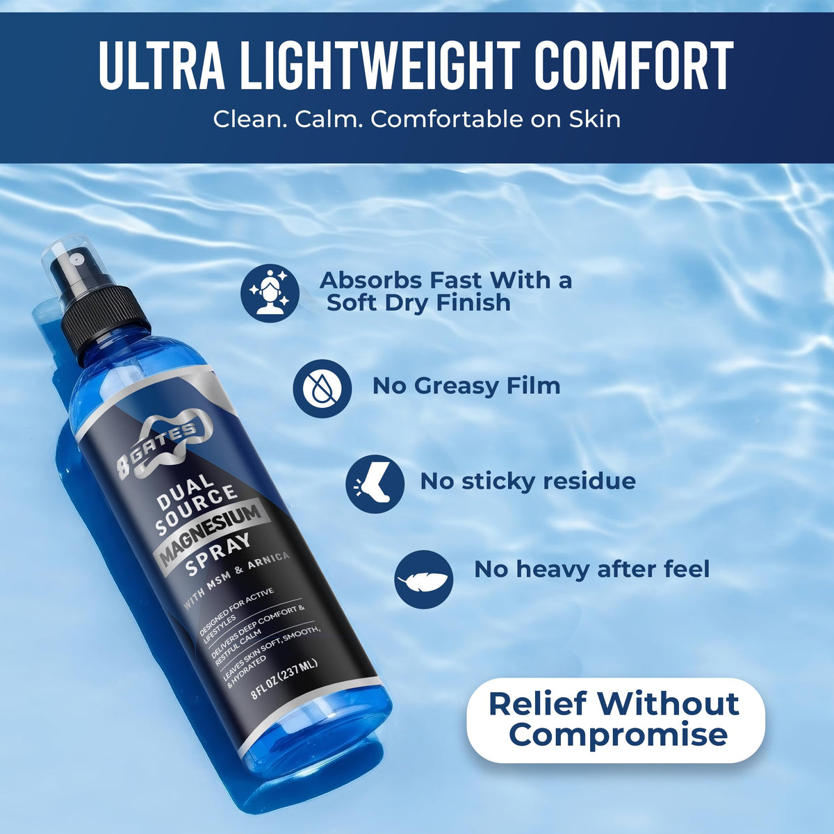 8 Gates Magnesium Oil Spray lifestyle scene on a gym bench