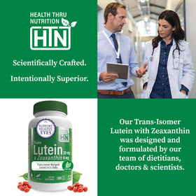 Health Thru Nutrition Trans Lutein softgels on a wooden table