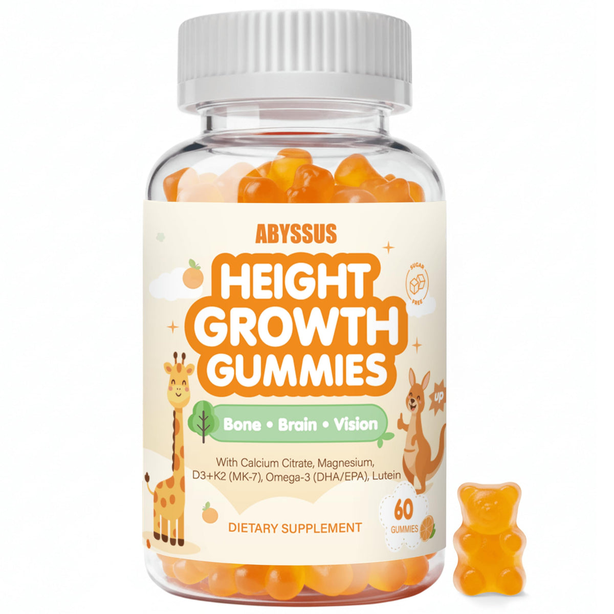 ABYSSUS Kids Height Growth Gummies front view, orange flavour