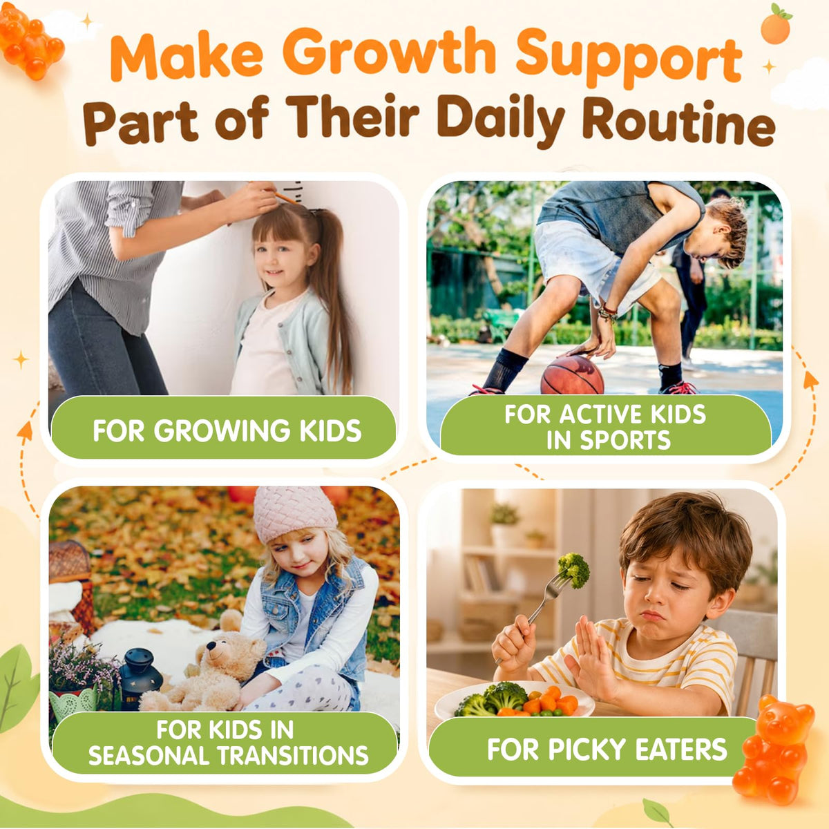 ABYSSUS Kids Height Growth Gummies with a child holding one gummy