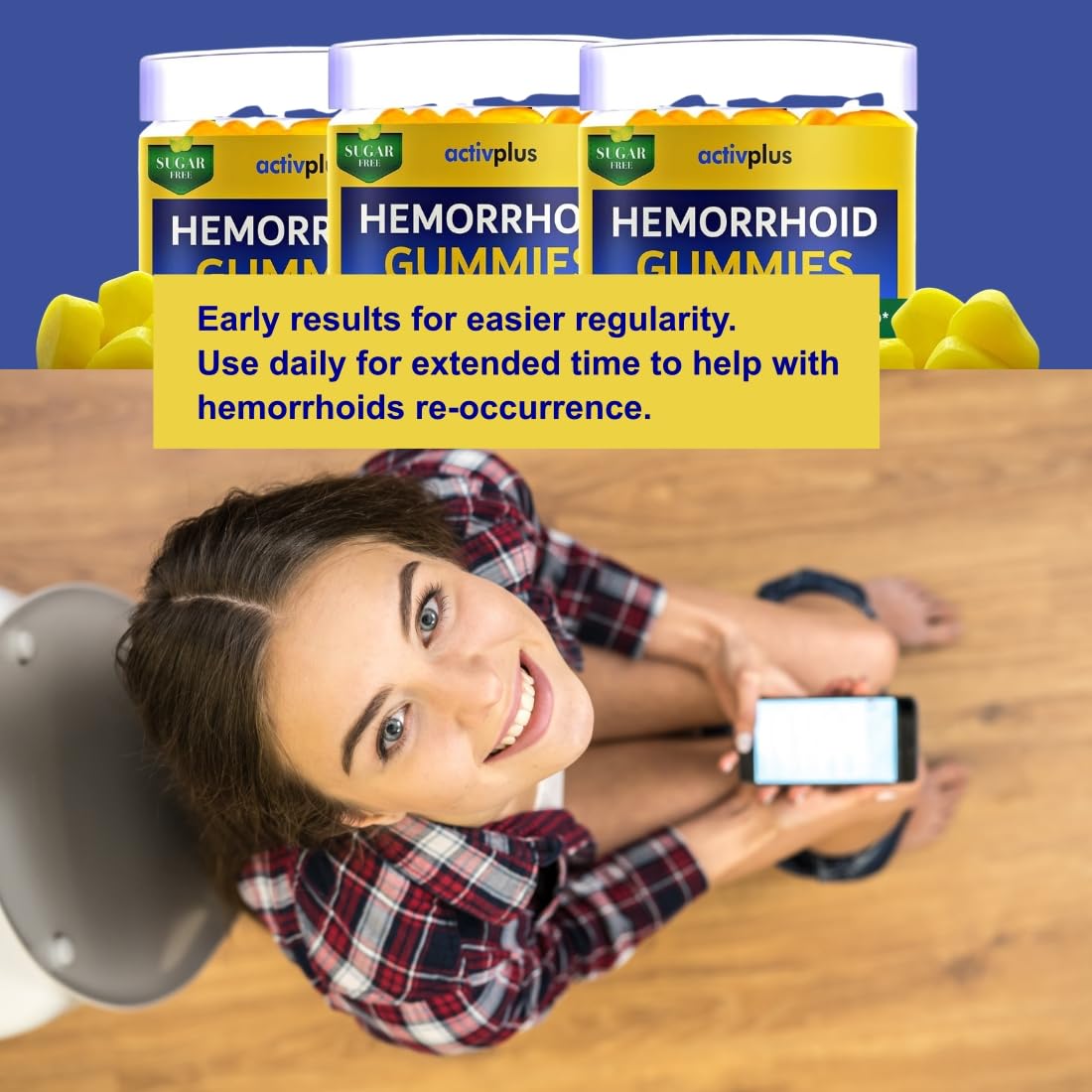 ACTIV PLUS Hemorrhoid Support Gummies on a wooden table