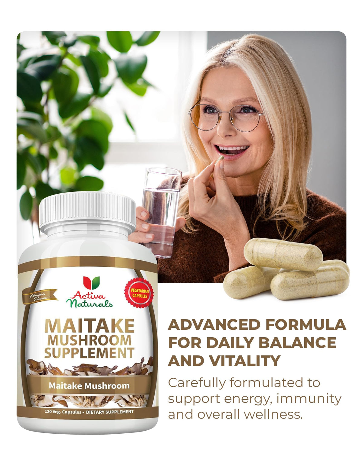 Activa Naturals Maitake Mushroom Capsules in a travel bag