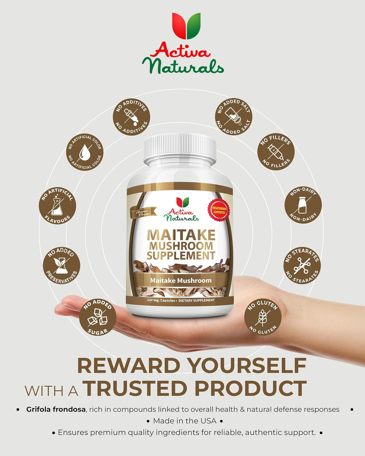 Activa Naturals Maitake Mushroom Capsules with a green plant background