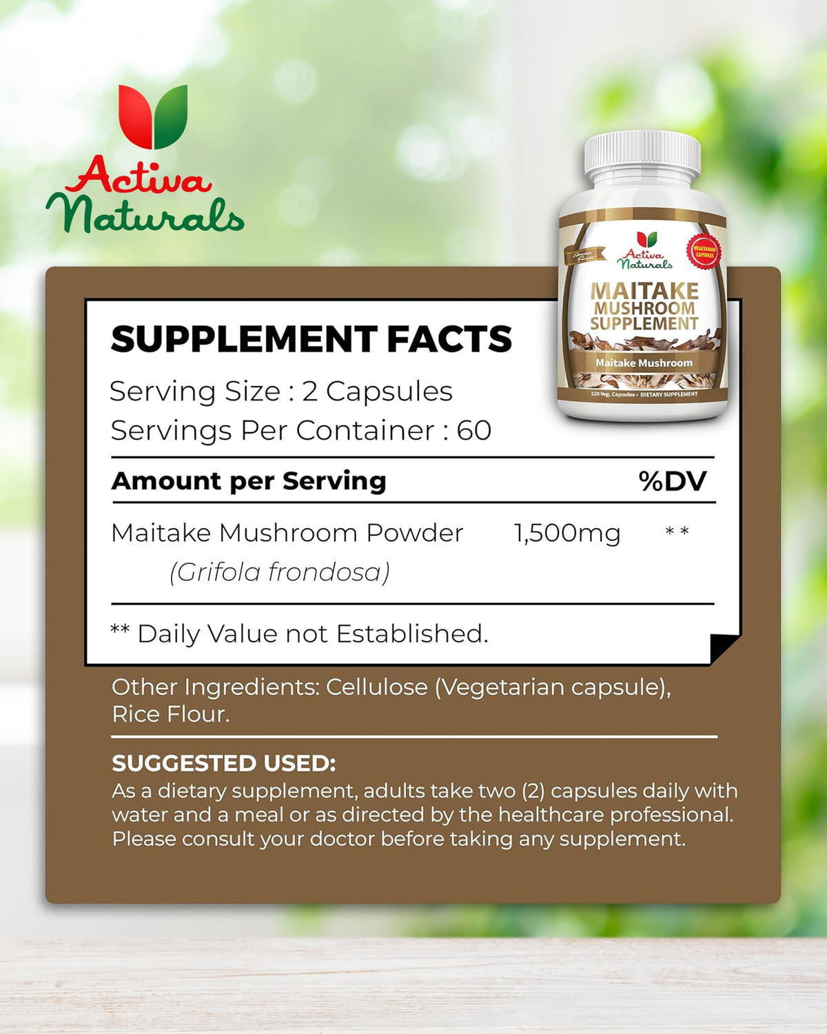 Activa Naturals Maitake Mushroom Capsules with a hand holding two capsules