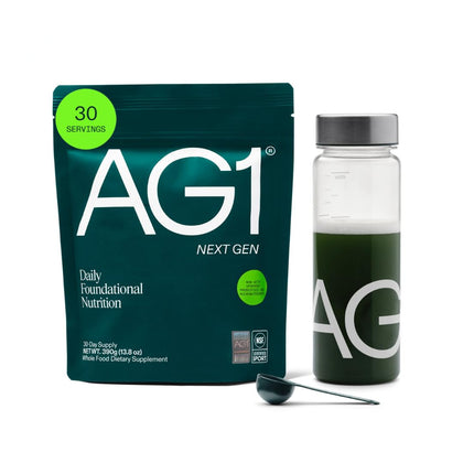 AG1 Next Gen Greens Powder Bundle front view with shaker and scoop