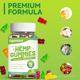 Agumoon Hemp Gummies displayed with fresh fruit