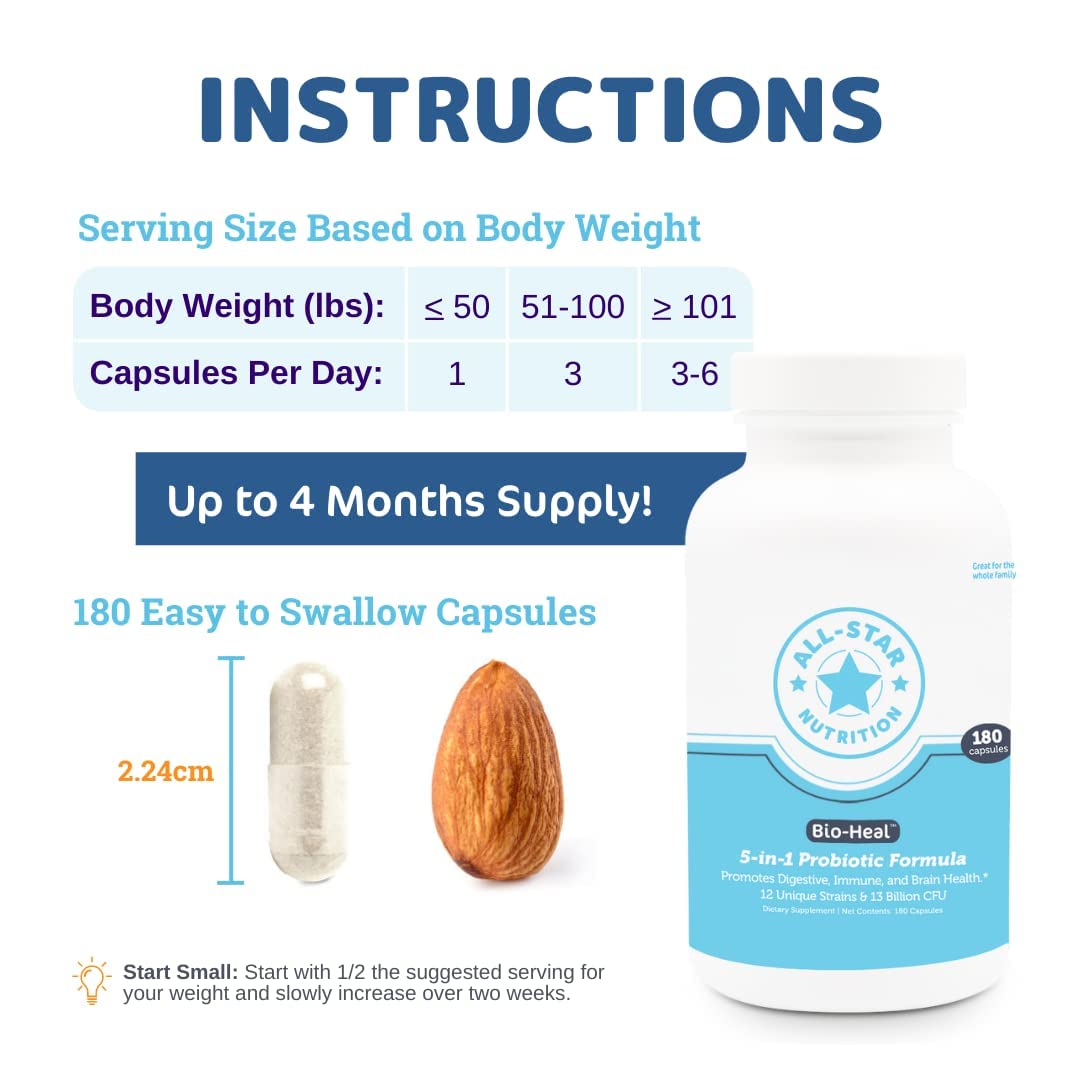 All-Star Nutrition Bio-Heal Probiotic Capsules with a measuring spoon
