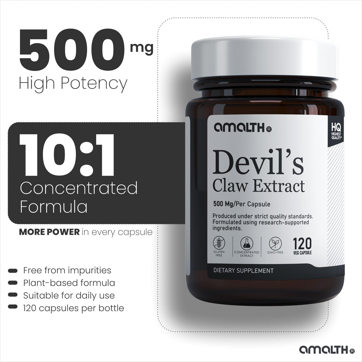 AMALTH Devils Claw Extract Capsules 500 mg back view with ingredient list