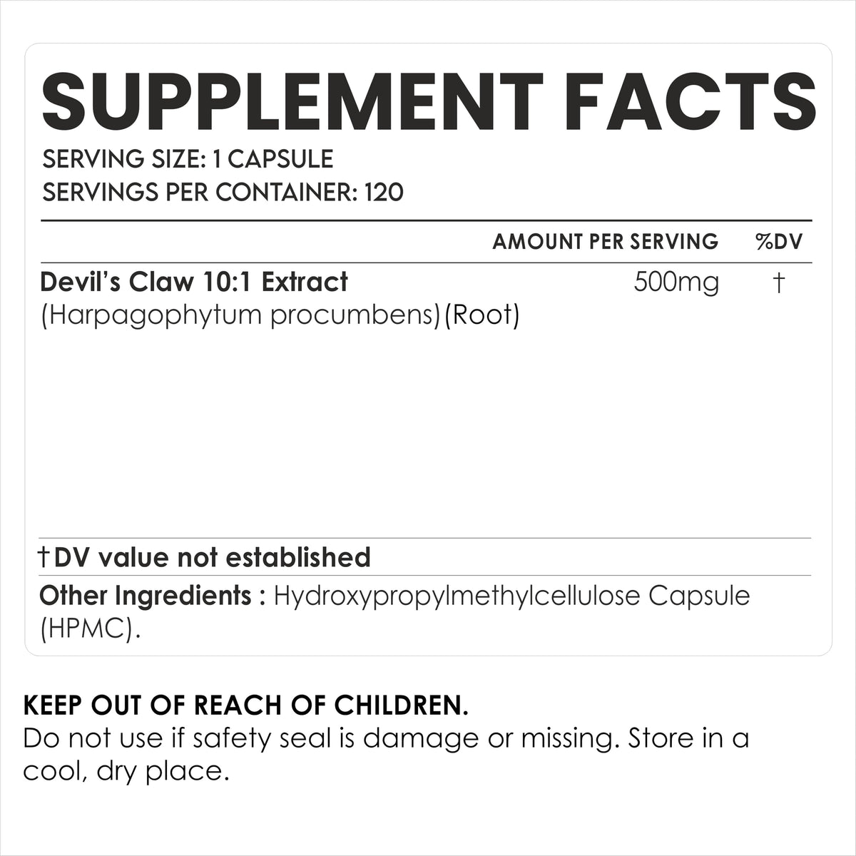 AMALTH Devils Claw Extract Capsules 500 mg side view showing capsule details