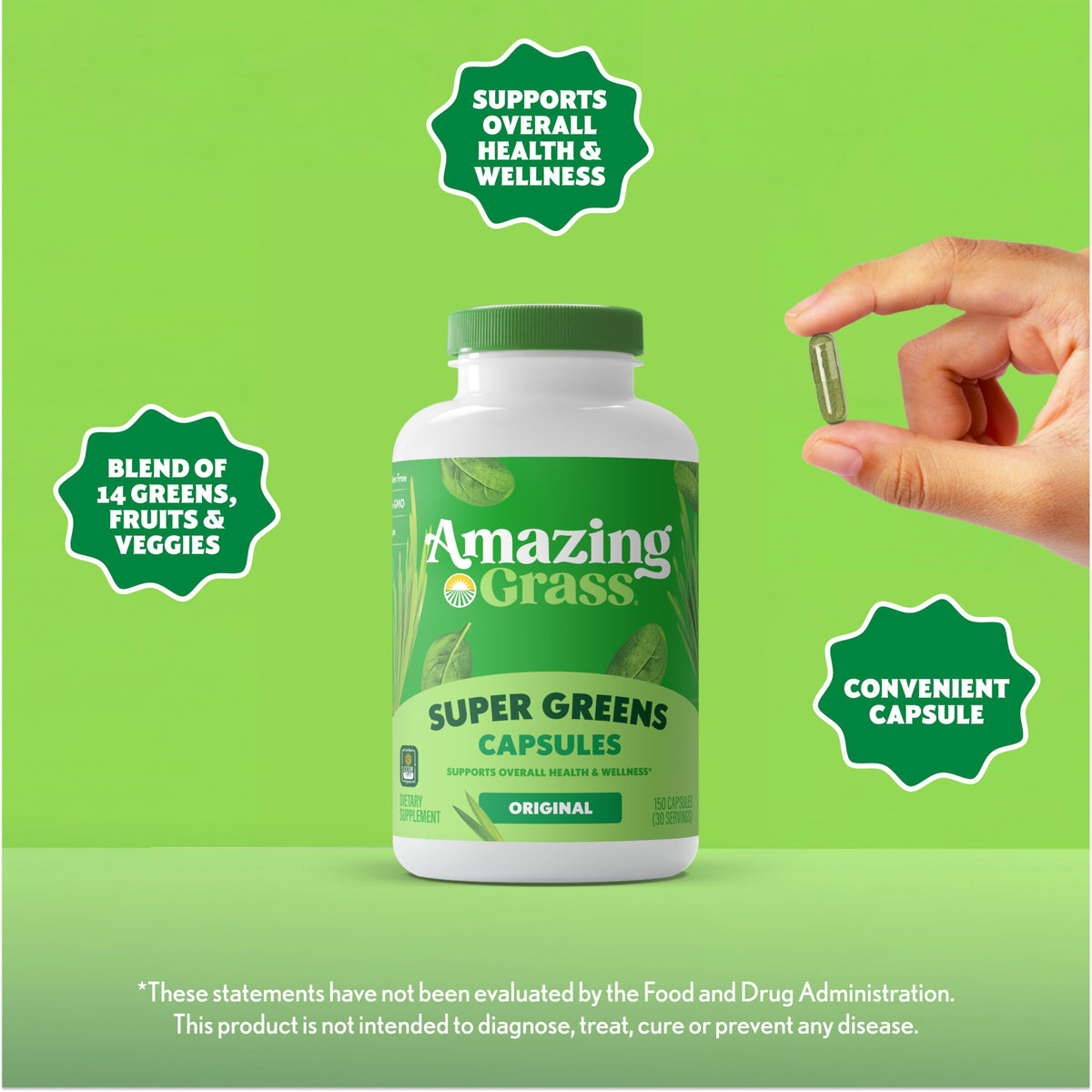 Amazing Grass Super Greens Capsules open bottle showing capsules