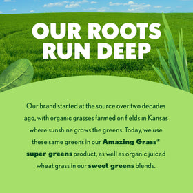 Amazing Grass Super Greens Capsules with a smoothie background