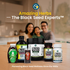 Amazing Herbs Black Seed Oil 16 Fl Oz bottle on wooden table