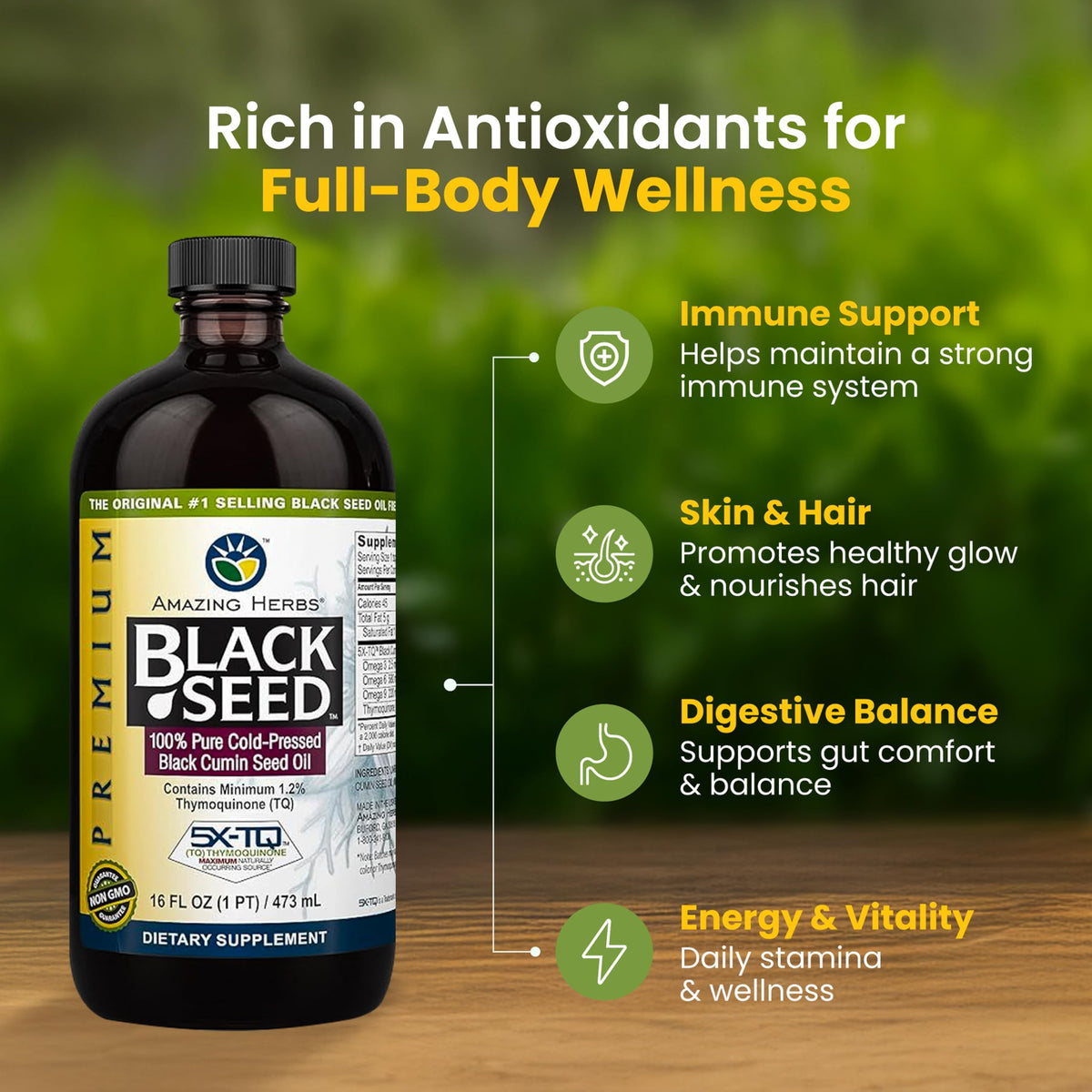 Amazing Herbs Black Seed Oil 16 Fl Oz glass bottle back view