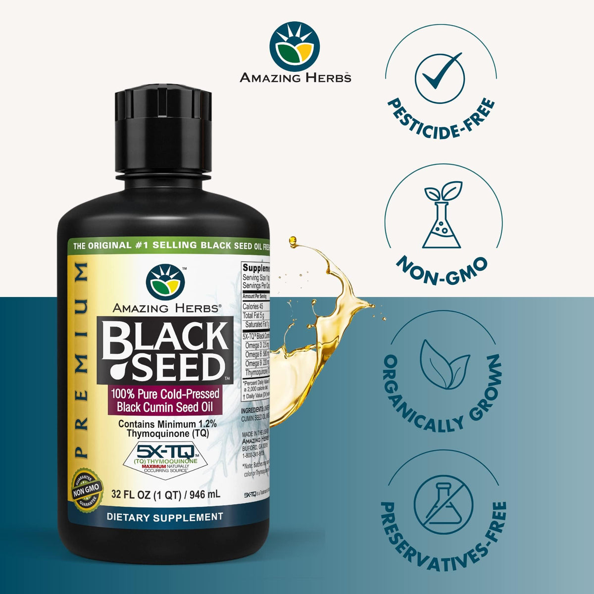Amazing Herbs Premium Black Seed Oil 32 Fl Oz Bottle label close-up