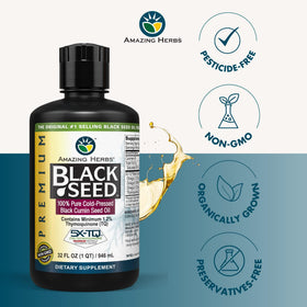 Amazing Herbs Premium Black Seed Oil 32 Fl Oz Bottle label close-up