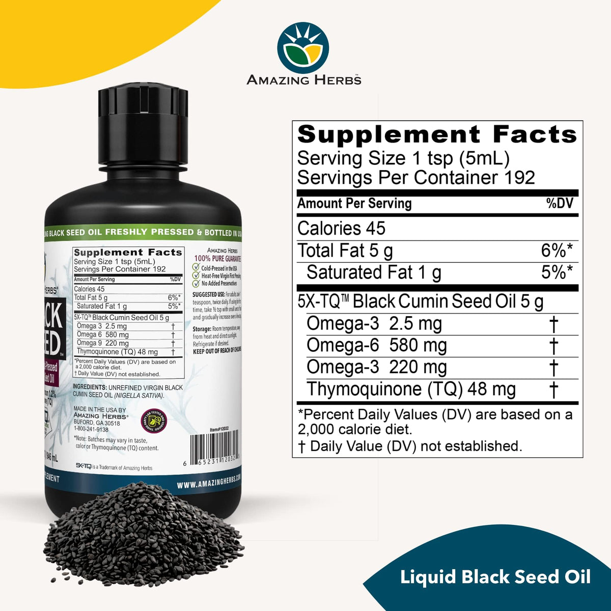 Amazing Herbs Premium Black Seed Oil 32 Fl Oz Bottle side view