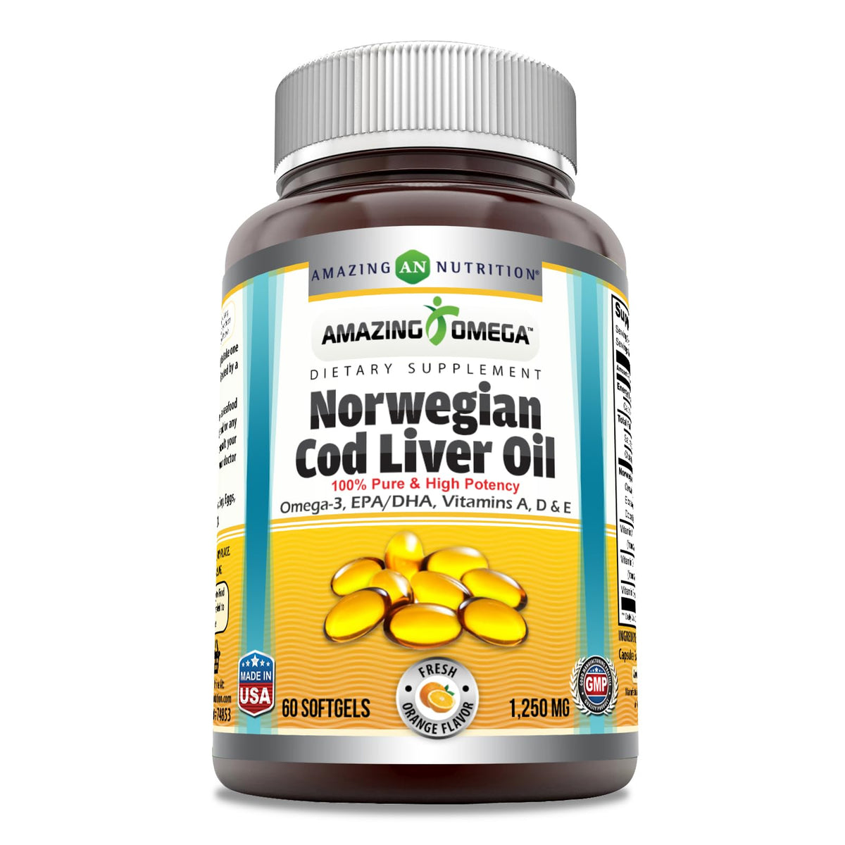 Amazing Nutrition Omega Norwegian Cod Liver Oil 1250 Mg Softgels front view