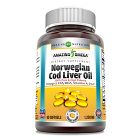 Amazing Nutrition Omega Norwegian Cod Liver Oil 1250 Mg Softgels front view