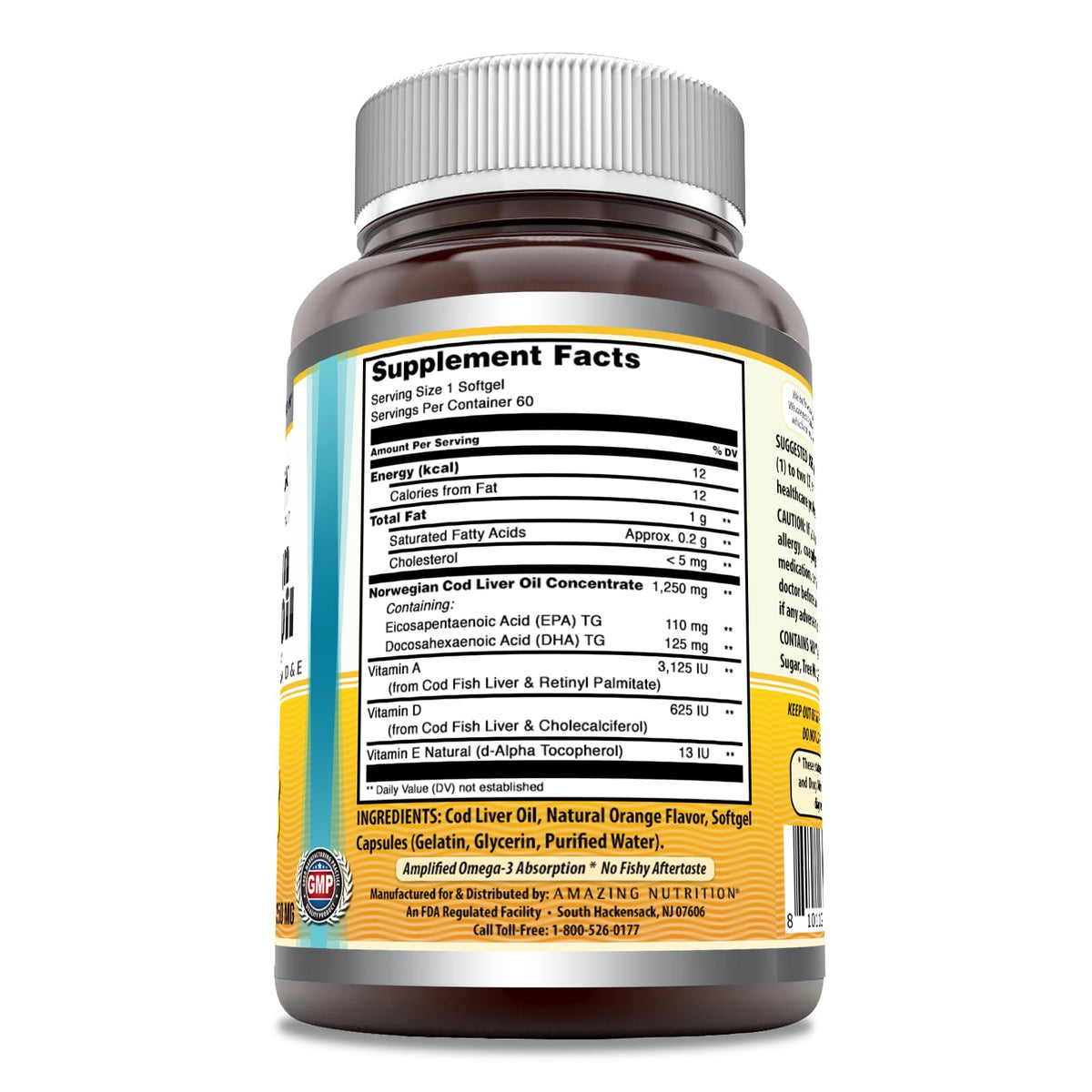 Amazing Nutrition Omega Norwegian Cod Liver Oil 1250 Mg Softgels side view