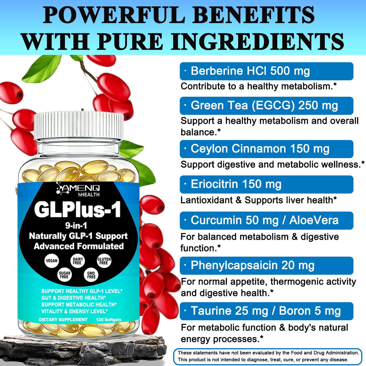 AMENQ hHEALTH Berberine Supplement softgels in a hand
