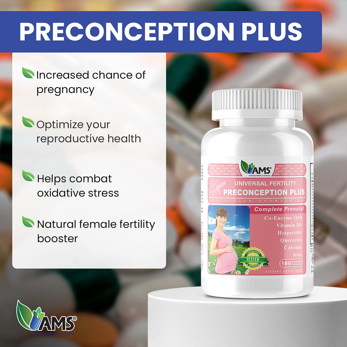 America Medic & Science Preconception Plus 180 Capsules side view