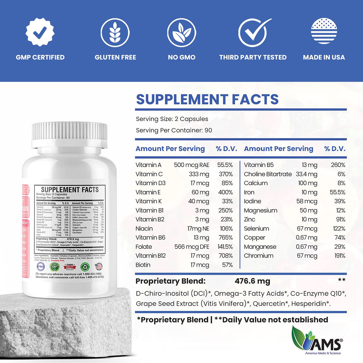 America Medic & Science Preconception Plus capsules on a wooden table