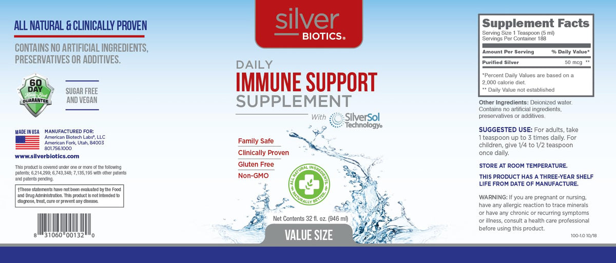 American Biotech Labs Silver Biotics SilverSol 32 Fl Oz on kitchen counter