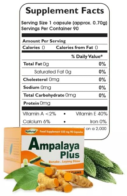 Ampalaya Plus 550mg capsules on a wooden surface