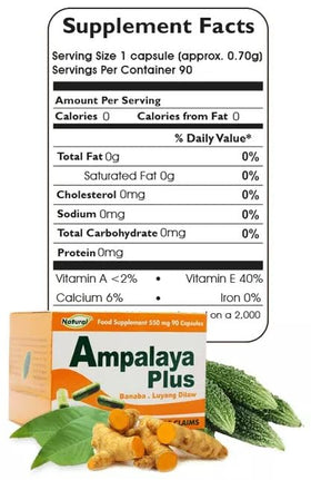 Ampalaya Plus 550mg capsules on a wooden surface