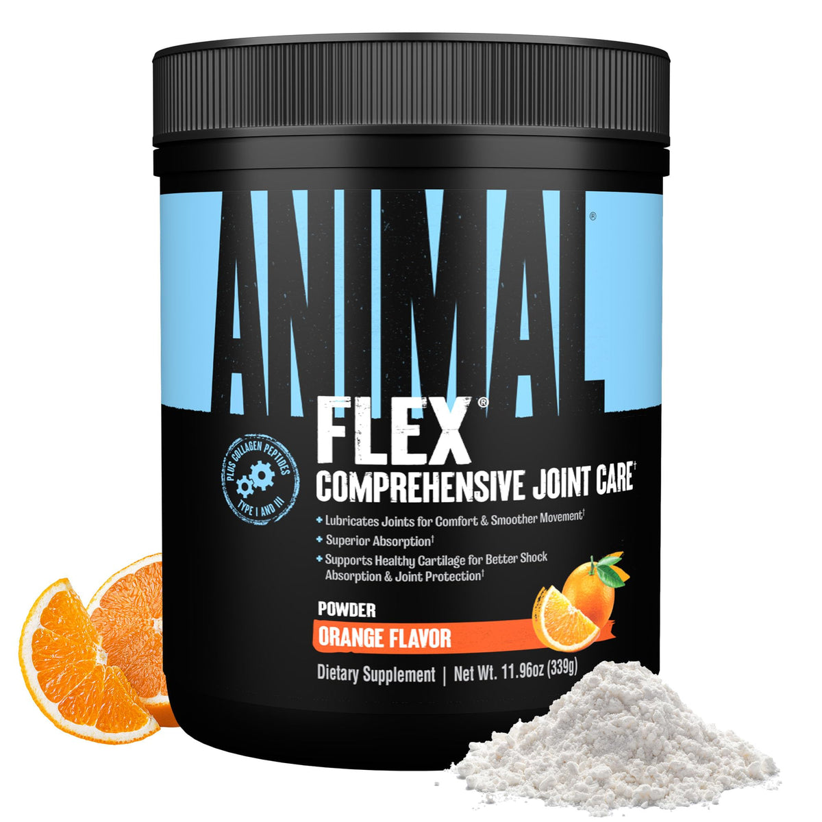 Animal Flex Powder front view with orange flavour packaging