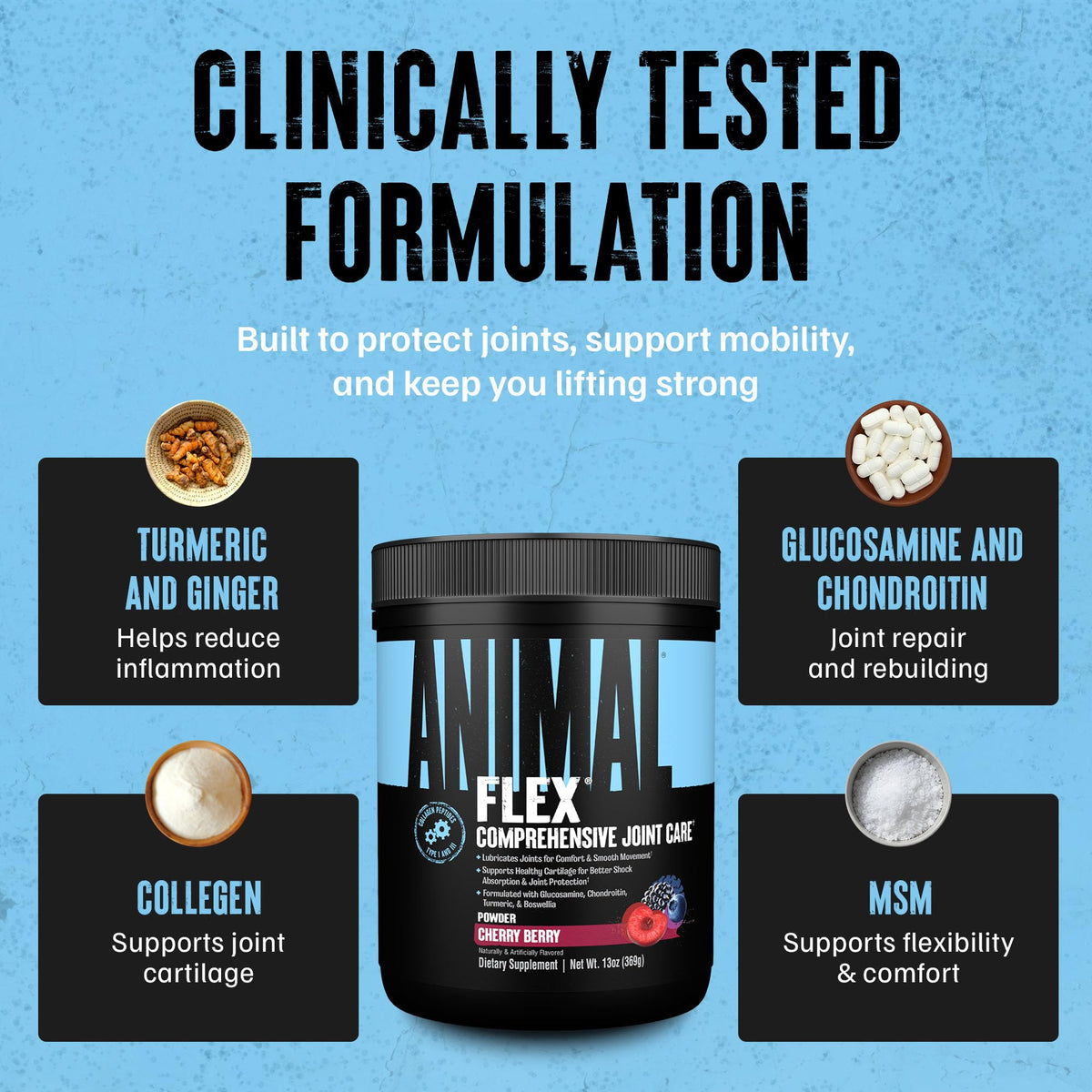 Animal Flex Powder packaging with cherry flavour highlighted