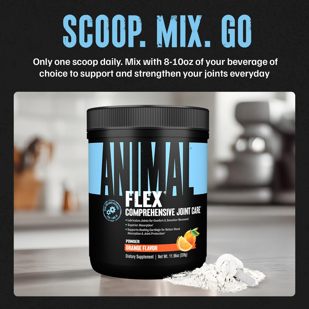 Animal Flex Powder with a glass of water for mixing