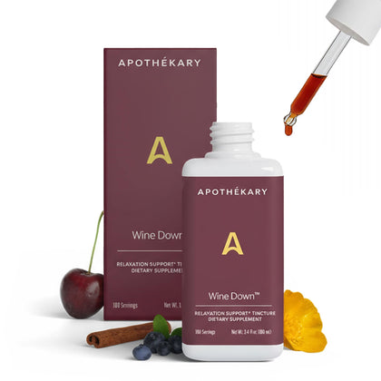 Apothékary Wine Down Liquid Herbal Drops front view with berry flavour label