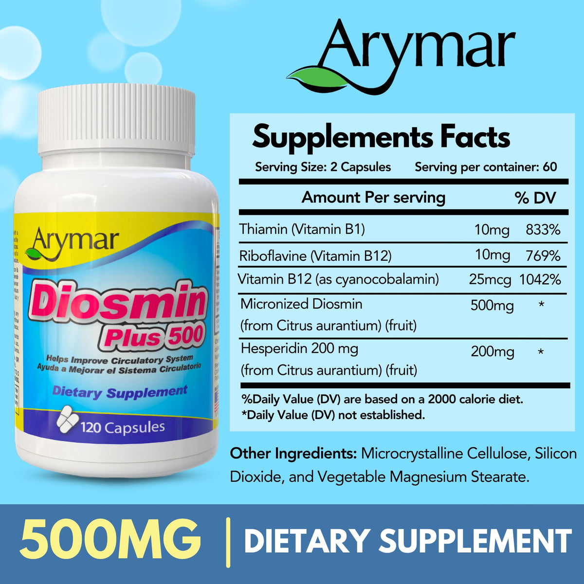 Arymar Diosmin Plus 500 bottle with capsules on a kitchen counter