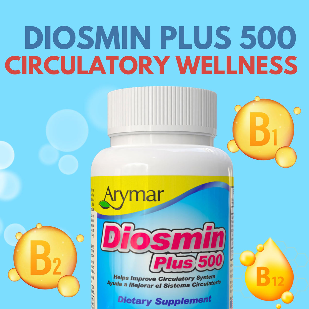 Arymar Diosmin Plus 500 capsules displayed on a table