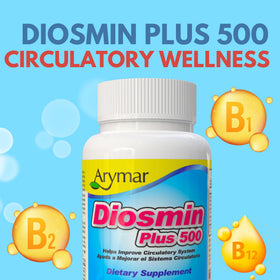 Arymar Diosmin Plus 500 capsules displayed on a table
