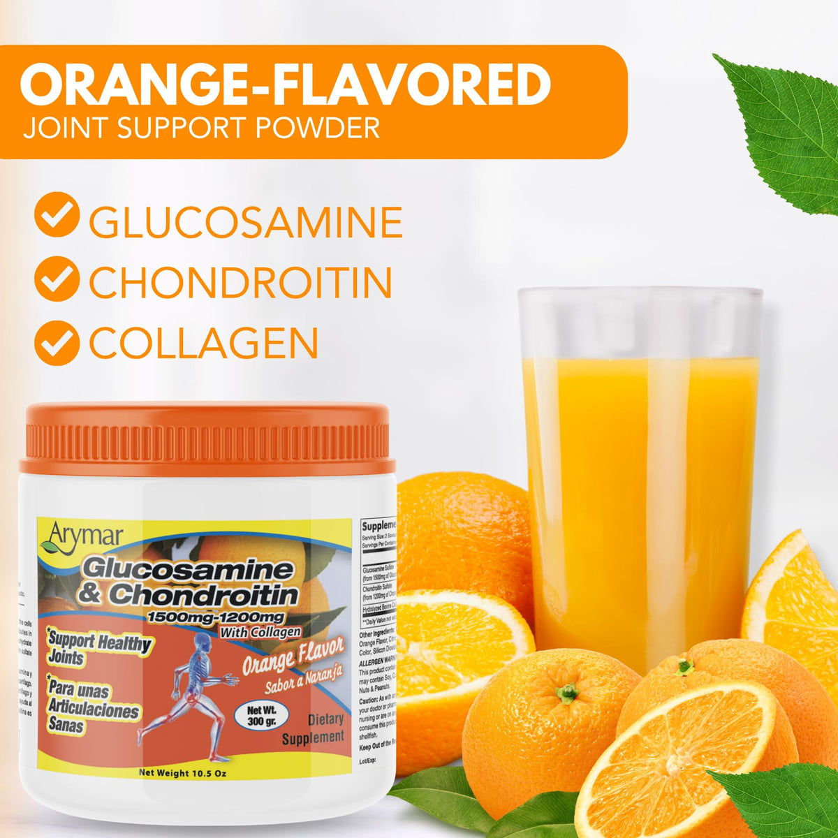 Arymar Glucosamine Chondroitin Powder with a measuring spoon