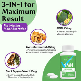 Ascuoli NMN Resveratrol Supplement 950mg back view of packaging