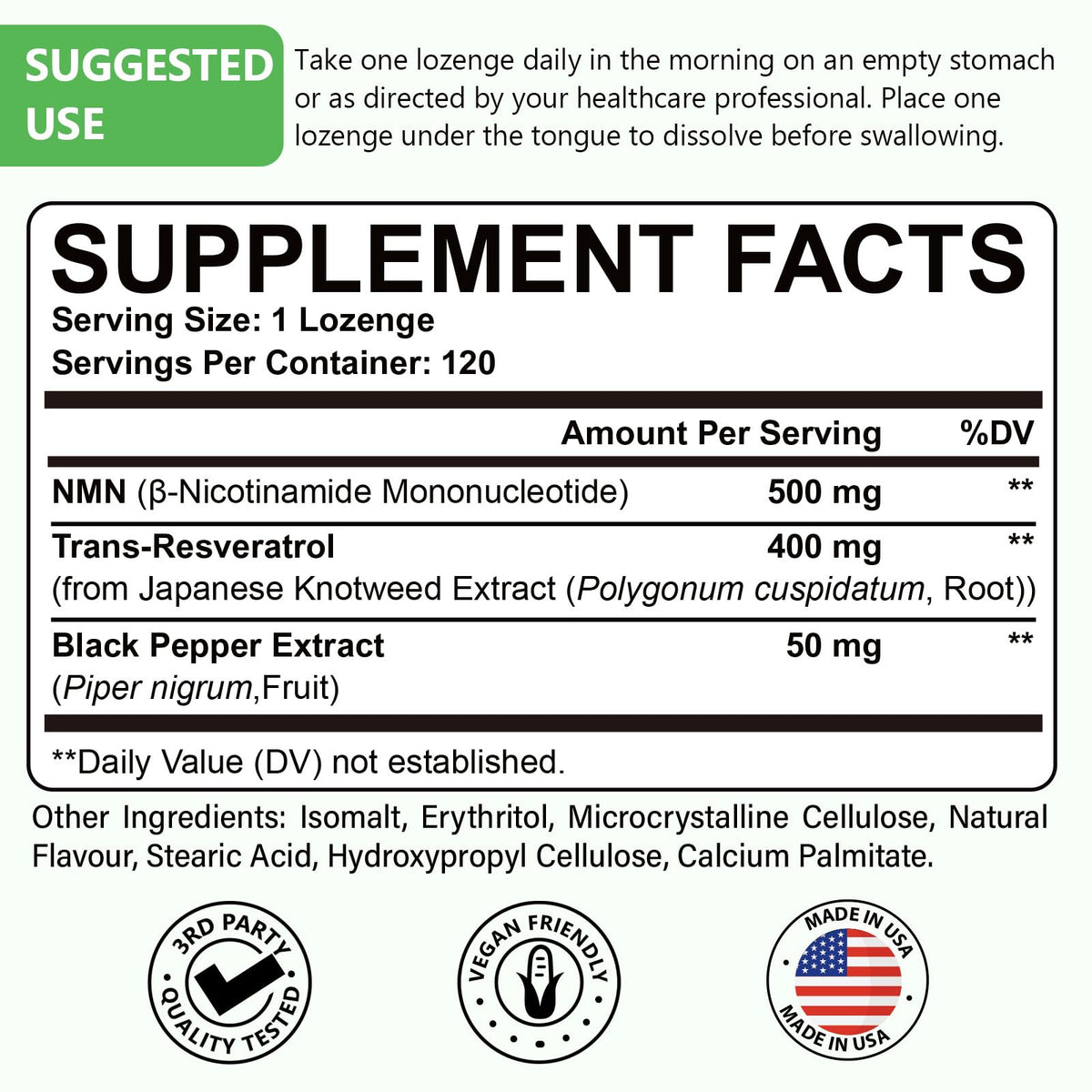Ascuoli NMN Resveratrol Supplement 950mg ingredients list