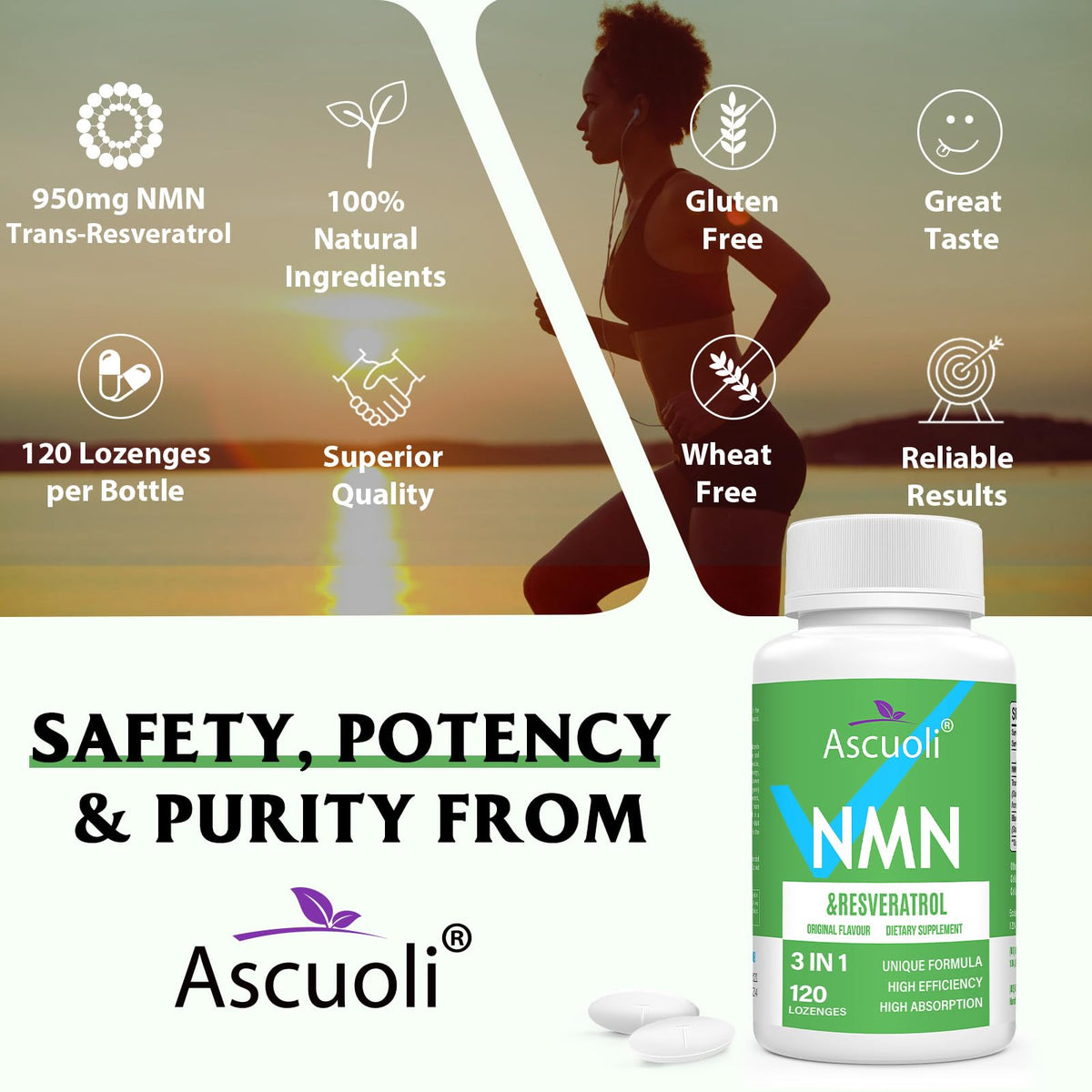 Ascuoli NMN Resveratrol Supplement 950mg lozenge in hand