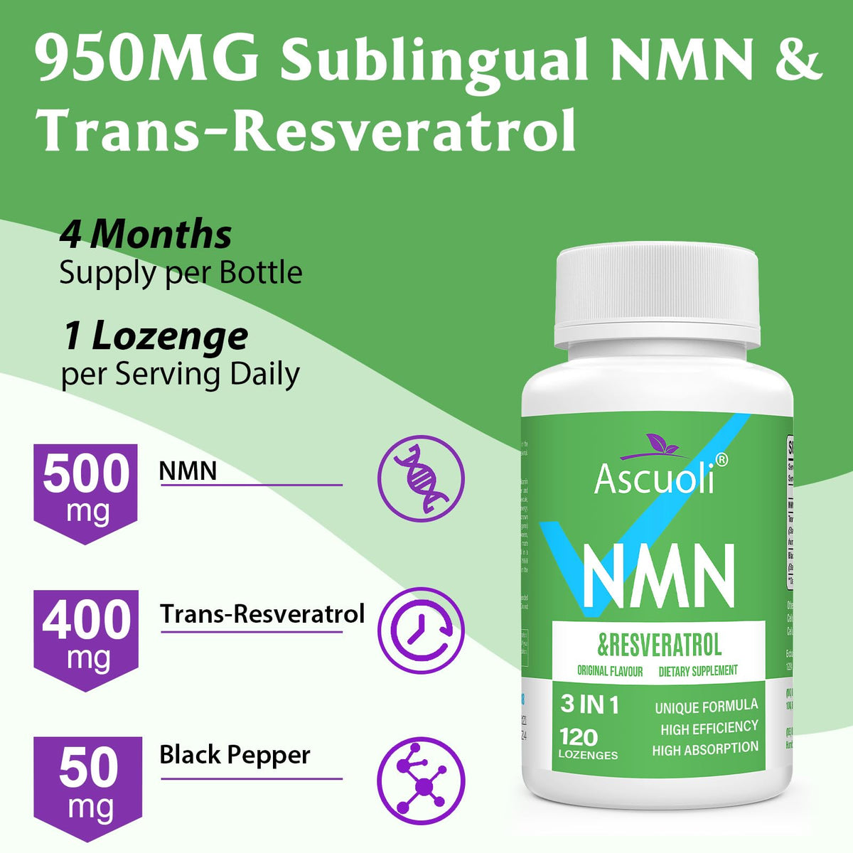 Ascuoli NMN Resveratrol Supplement 950mg side view of bottle
