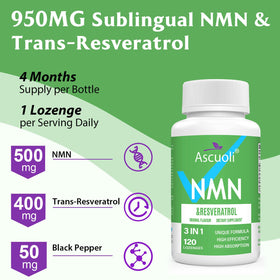 Ascuoli NMN Resveratrol Supplement 950mg side view of bottle