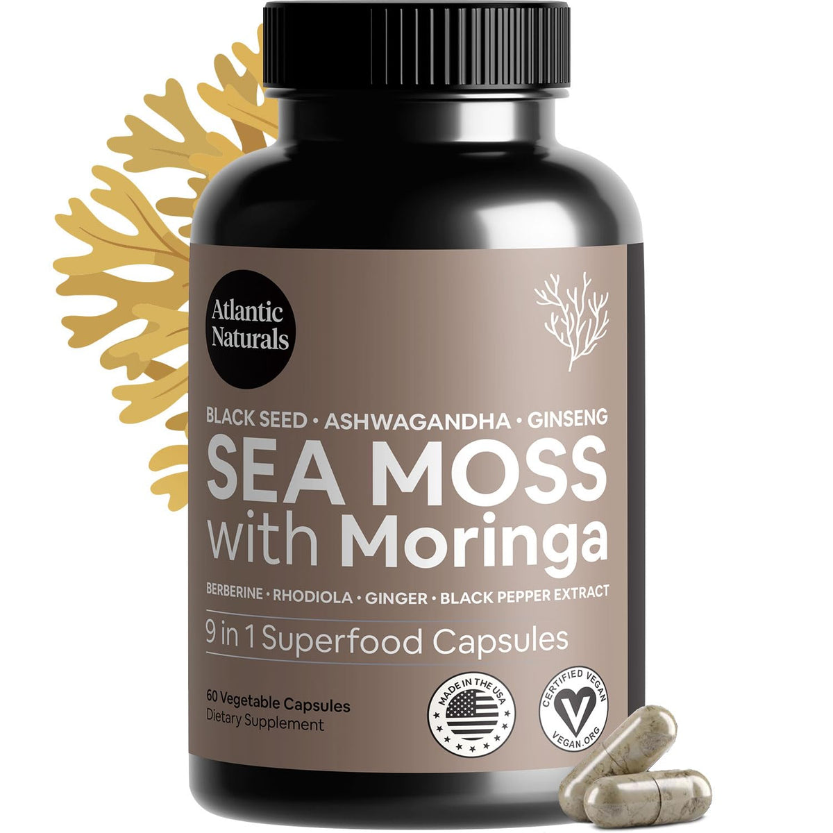 Atlantic Naturals Sea Moss Capsules front view with packaging